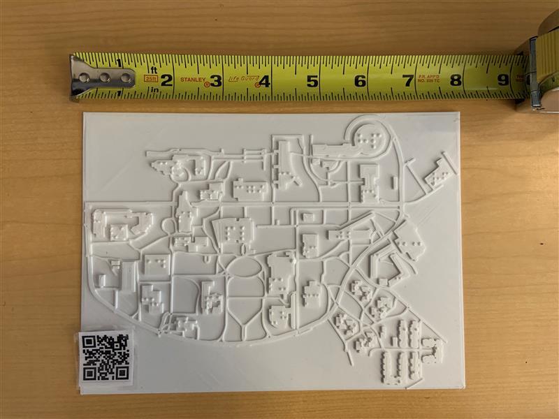 3D Printed Map of the CSUSB campus. 8 inches wide, and has a QR code that is associated with the campus buildings
